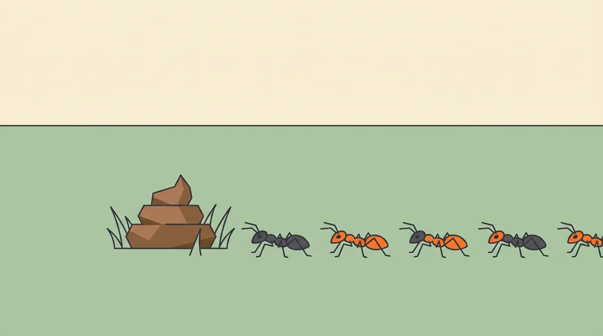 Illustration of a dog waste pile on a lawn with a trail of ants marching toward it.