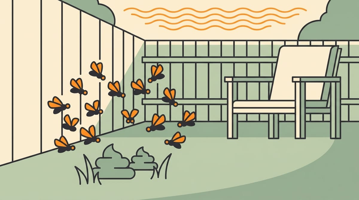 Illustration of a swarm of flies above two dog waste piles in a shaded corner of a back yard, with a patio chair nearby.
