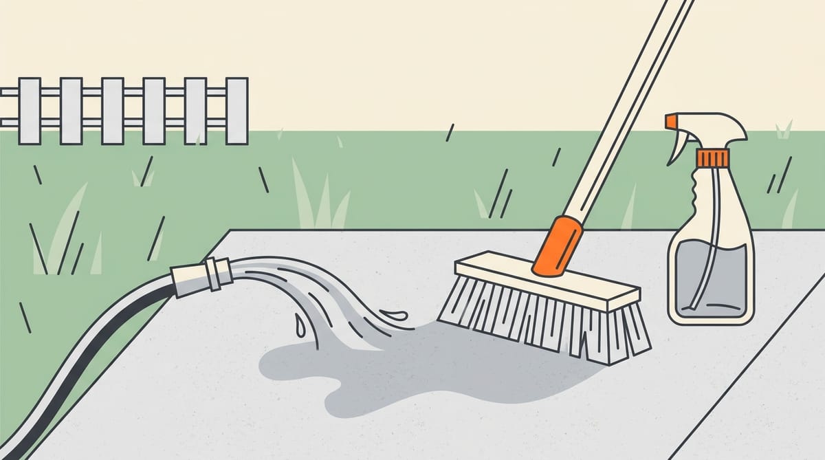 Illustration of a concrete patio being cleaned with a stiff bristle brush, a running hose and a spray bottle.