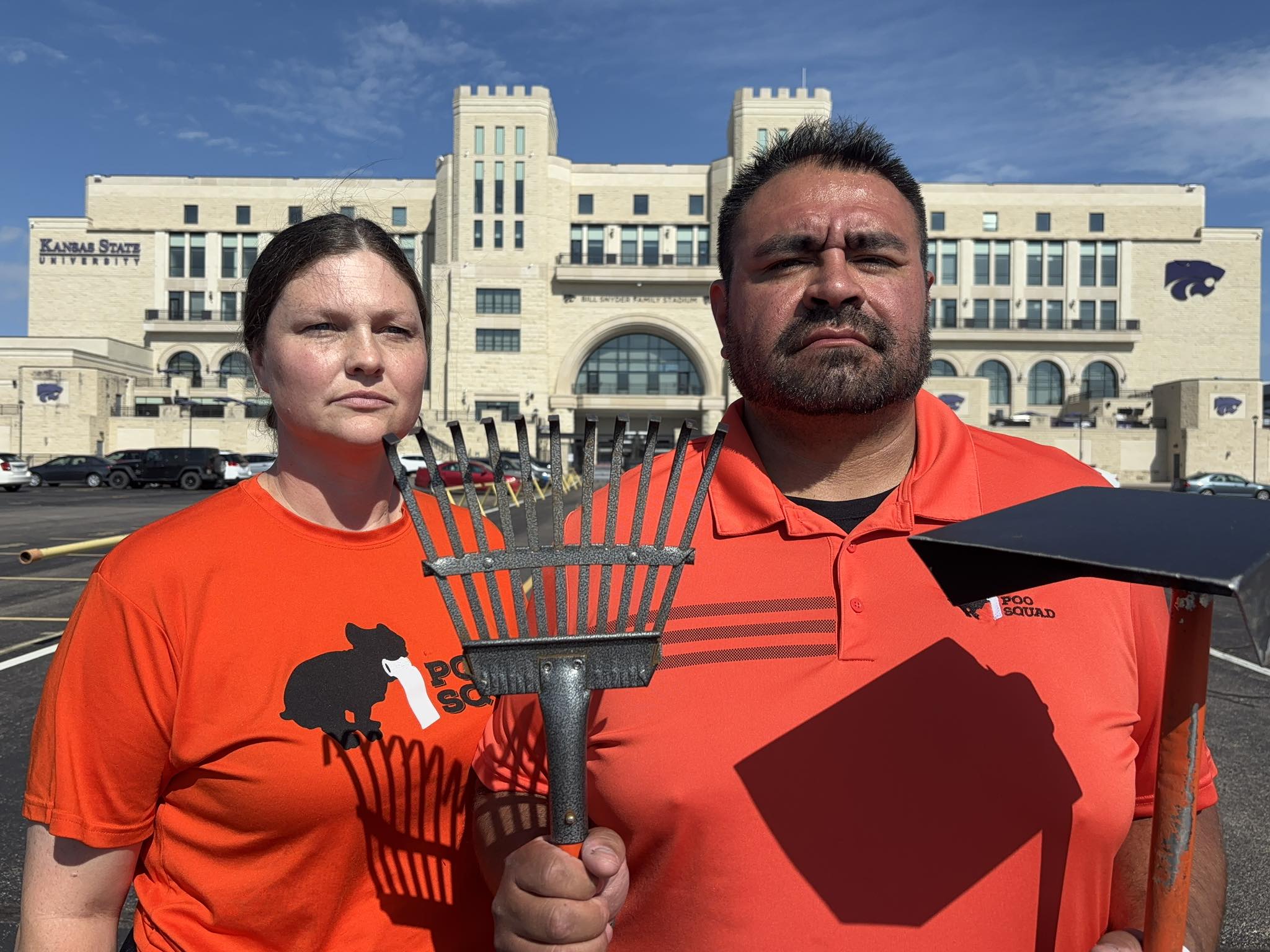 Nolan and Laura Henderson, owners of Poo Squad Manhattan, at Bill Snyder Family Stadium in Manhattan, Kansas