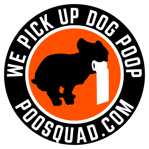 We Pick Up Dog Poop on circle Poo Squad logo with poosquad.com